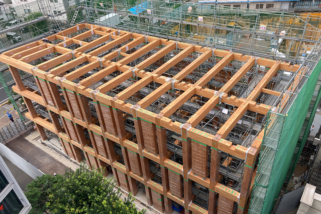 組み上げられた木造構造体（2025年８月撮影）